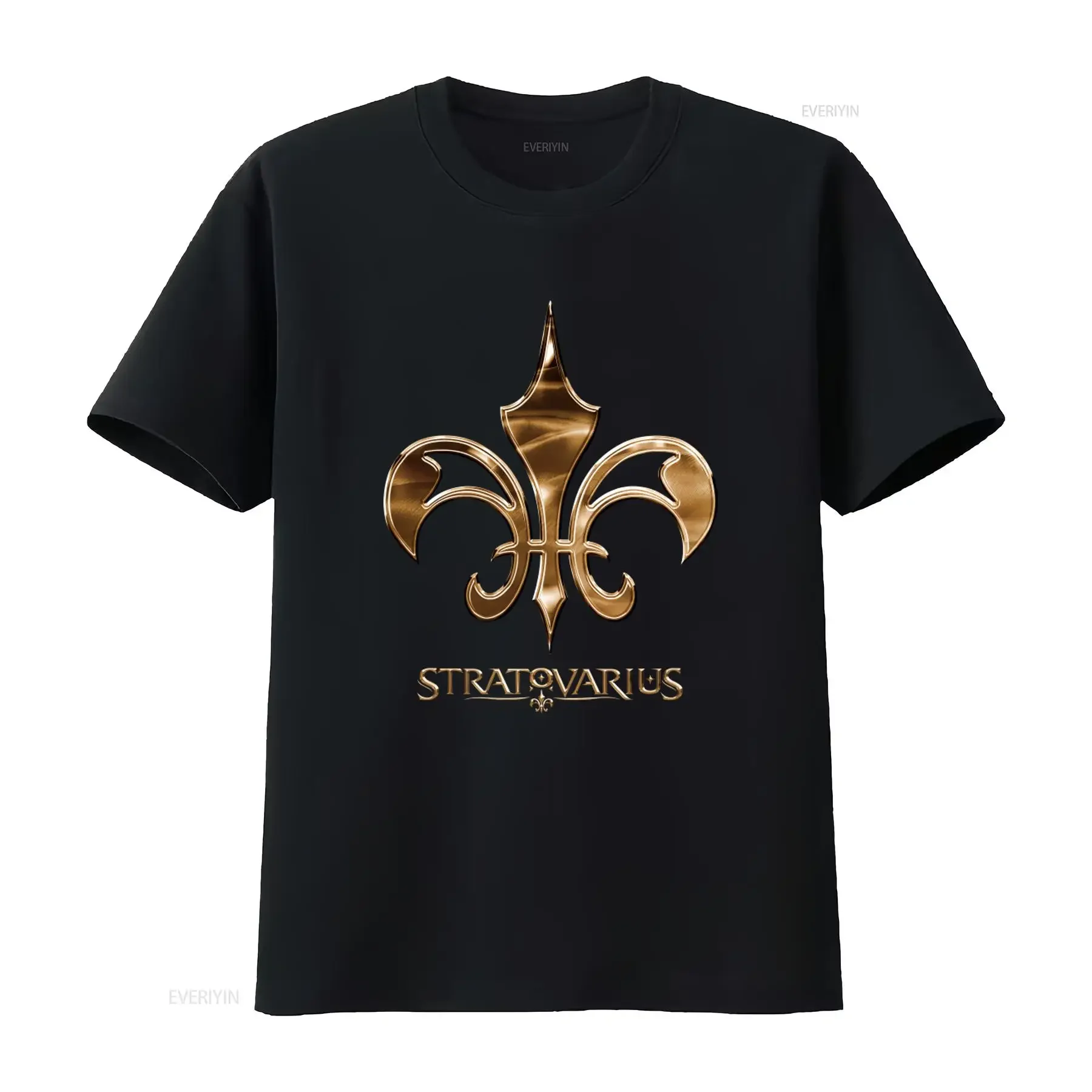 Vintage Stratovarius Band Heavy Cotton Black Full Size T Shirt with Gold Fleur de Lis Logo KK516 vintage Washed Casual