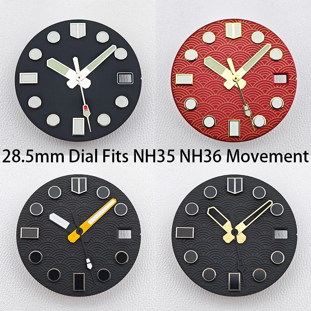 28.5mm Fish Scale Texture Watch Dial Luminous Green Single Calendar Fit NH35 NH36 Movement Mechanical Watch Repair Parts
