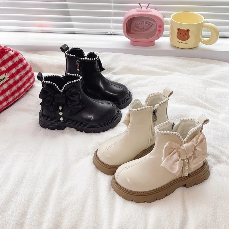 

Ботильоны для девочек, элегантные зимние ботинки с милым бантом для детей, модные детские повседневные хлопковые ботинки принцессы на толстой подошве на молнии
