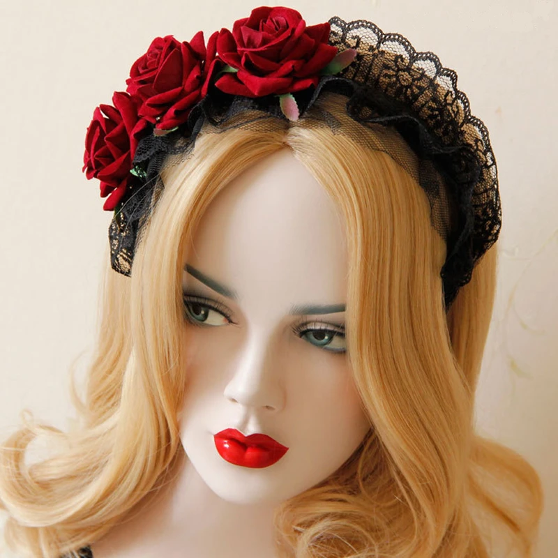 

Goth Red Rose Flower Crowns Headband For Women Lace Headband Gothic Crowns Tiaras Headpiece