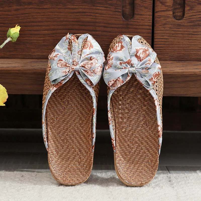 Summer Grass Mat Slippers New Home Rattan Butterfly Knot Slippers Indoor Home Summer Couple Linen Slippers