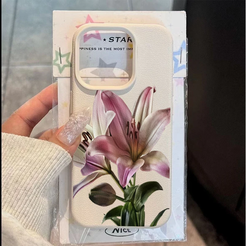 Elegant Pink Lily Design Lychee Texture Phone Case For iPhone 11 12 13 14 15 16 Plus 17 Pro Max XS X XR 16E 17 Air Soft Cover