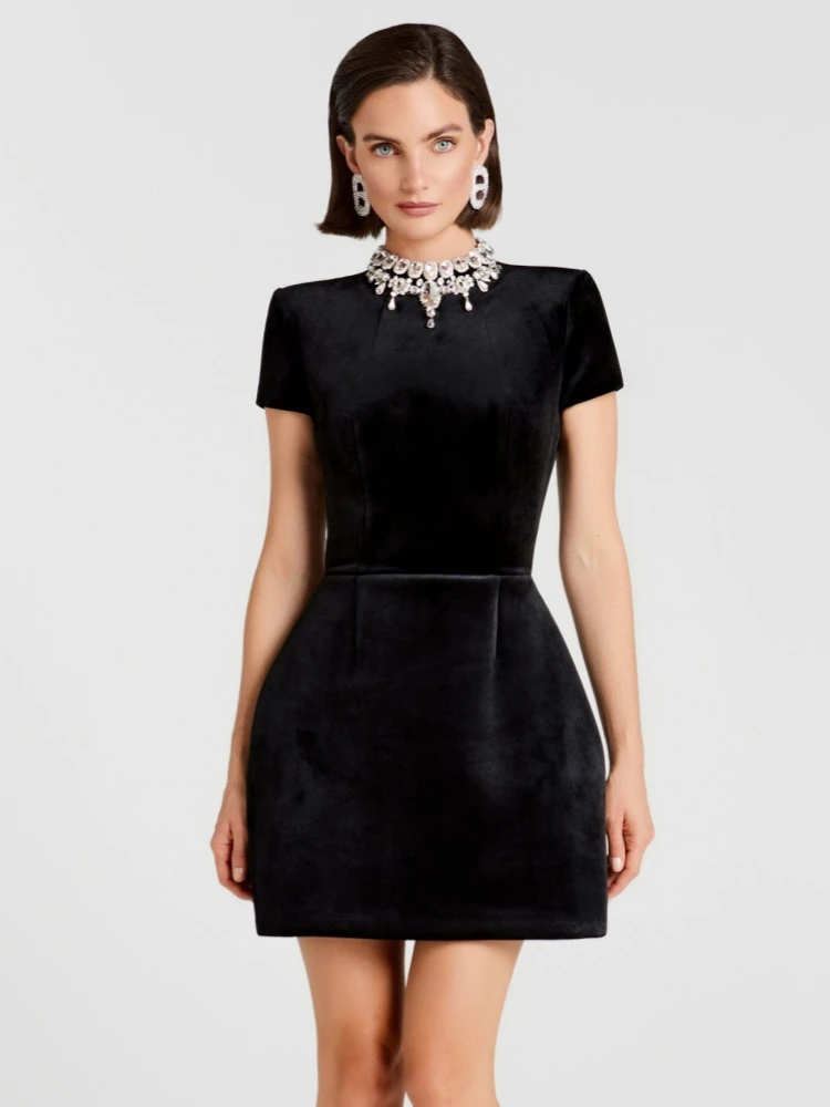 Sexy O Hals Kurzarm Glänzende Kristall Mini Verband Kleid Frauen Schwarz Diamanten Bodycon Kleider Abend Party Cocktail Kleider