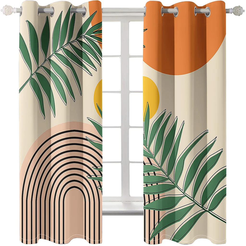 2pcs Abstract Mid Century Kitchen Curtains Boho Modern Green Leaves Geometric Minimalist Plants Sun Arch Neutral RodPocket Drape