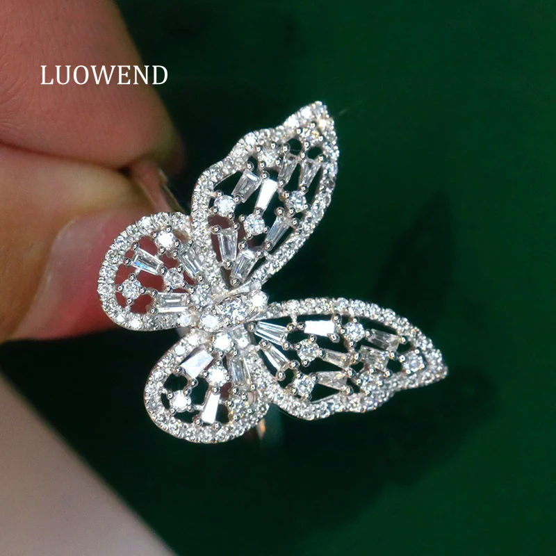 

LUOWEND 100% 18K White Gold Rings Romantic Butterfly Shape Real Natural Diamond Engagement Ring for Women High Party Jewelry