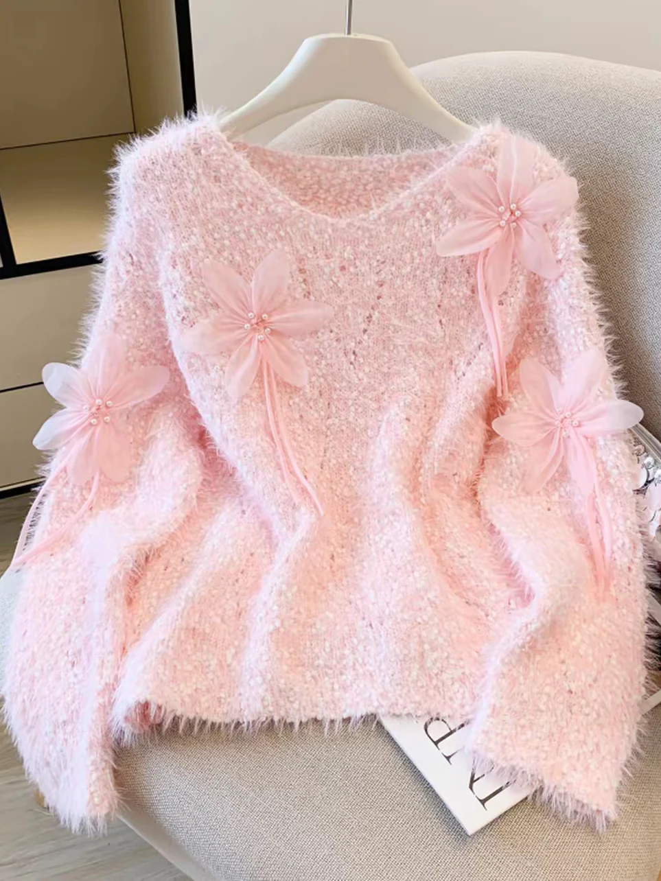 

Pink Floral Knitted Sweater Women's Soft Cozy 3D Design Autumn Winter New Sle Sweet Versatile Knitwear Top Commute Friendly