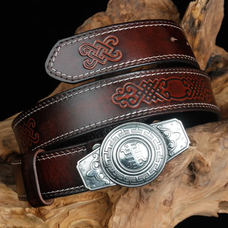 Retro Lucky Mongolian Style Genuine Leather Carved Men's Belt Tibetan Style Alloy Plate Buckle Head Luxury Designer Jeans Belt