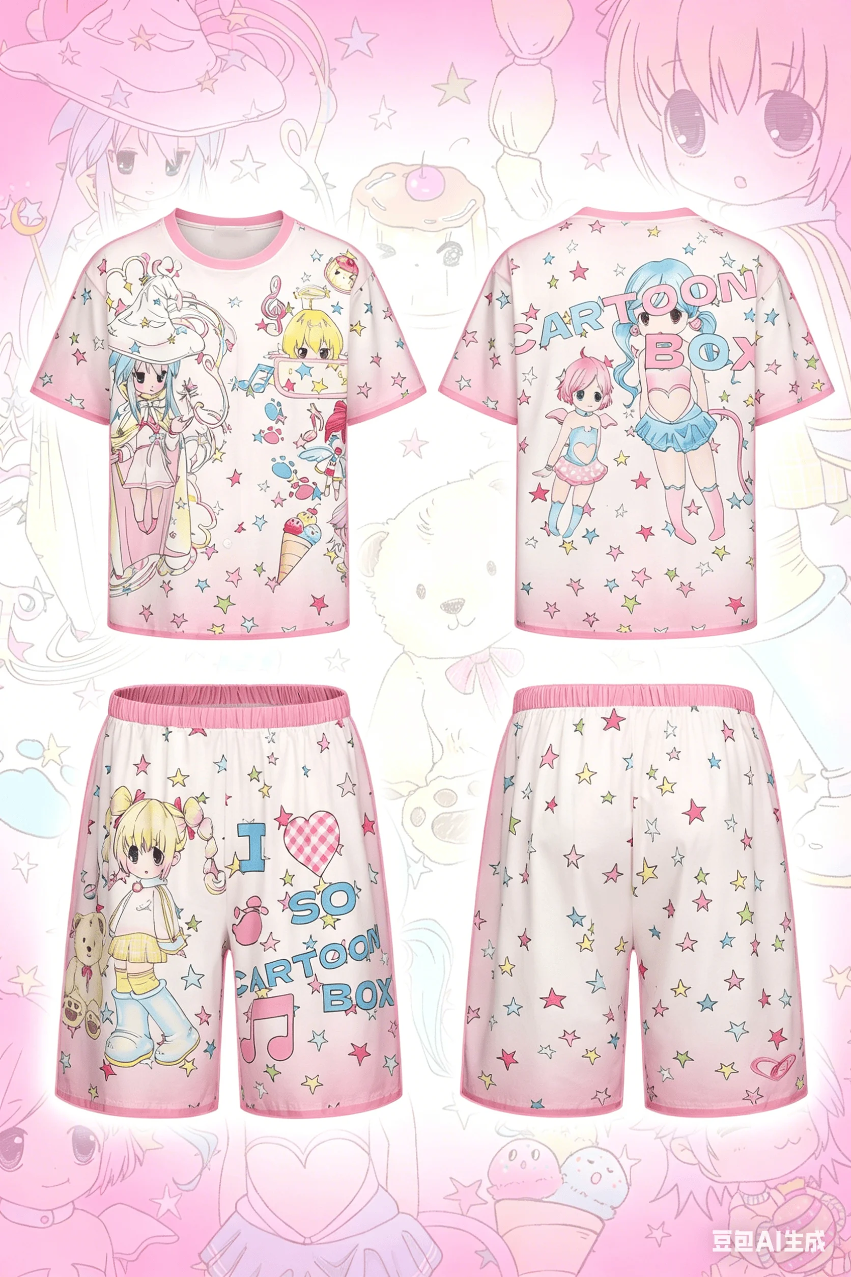 Dark Sweet Cool Adult and Children's Set, Japanese Style Skull and Cow Print 3D Short-sleeve and Shorts Two-piece Set