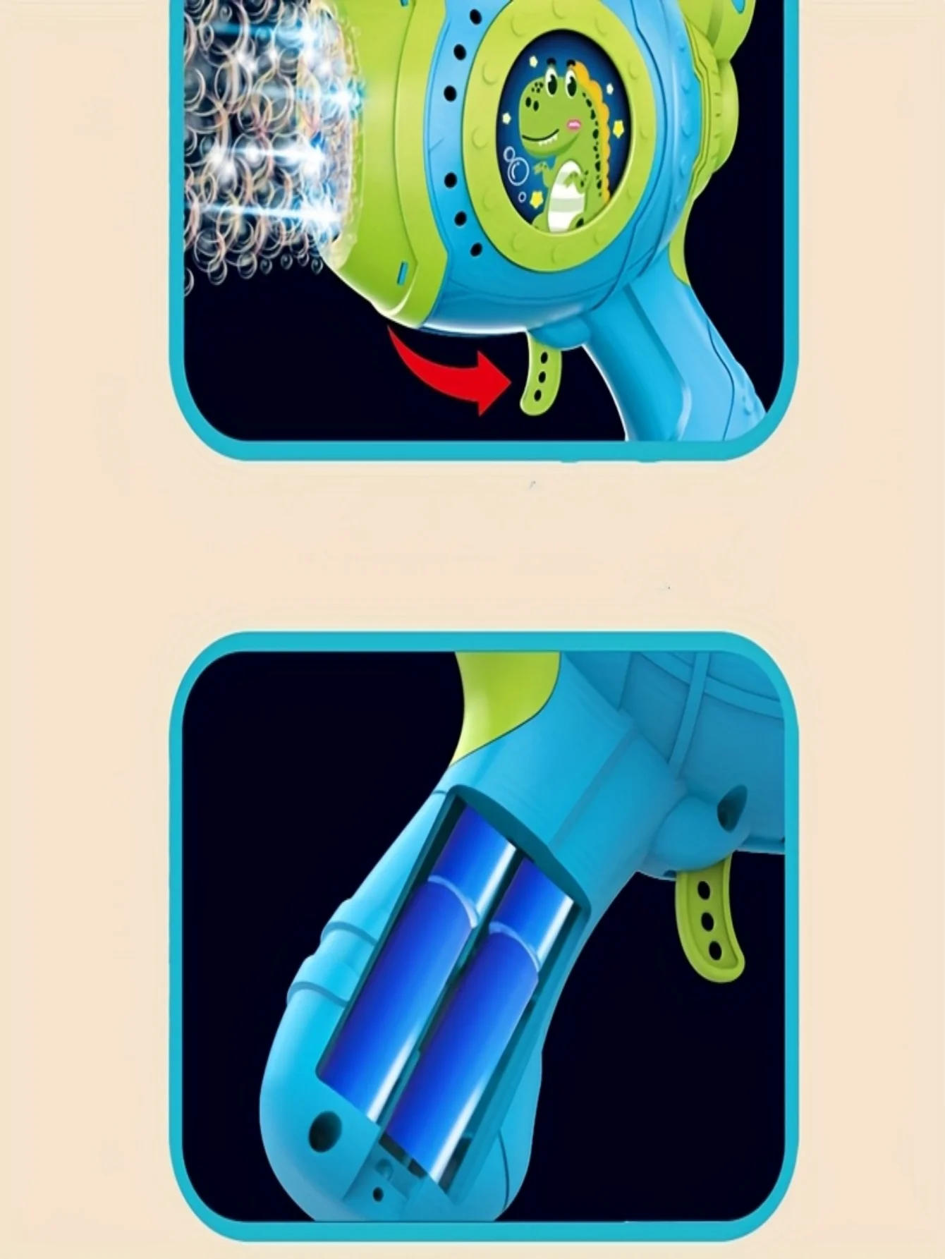 Elektrische Seifenblasenpistole mit Dinosauriermotiv für Kinder. Es handelt sich um eine tragbare automatische Seifenblasenmaschine, geeignet für den Außenbereich.