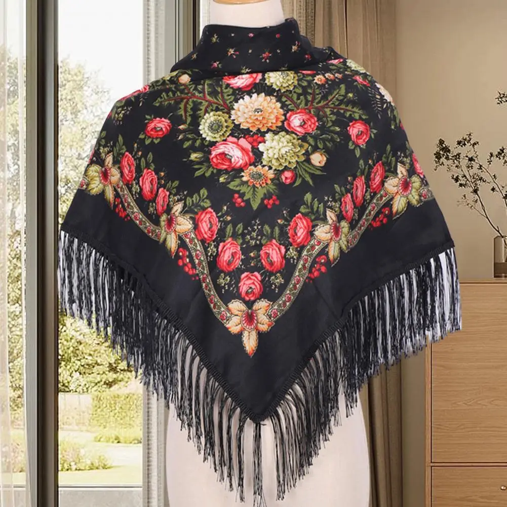

Ethnic Style Headscarf Hijabs For Woman Scarf Muslim Print Tassel Shawl Middle-aged And Elderly Women Bandana Square Scarf