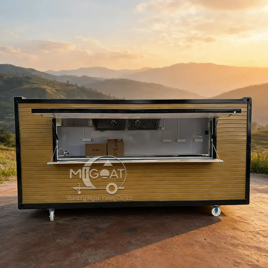 

Мобильная тележка для еды с отделкой под дерево, коммерческий кейтеринг-киоск с рабочей поверхностью и местом для хранения закусок, кофе и холодных напитков