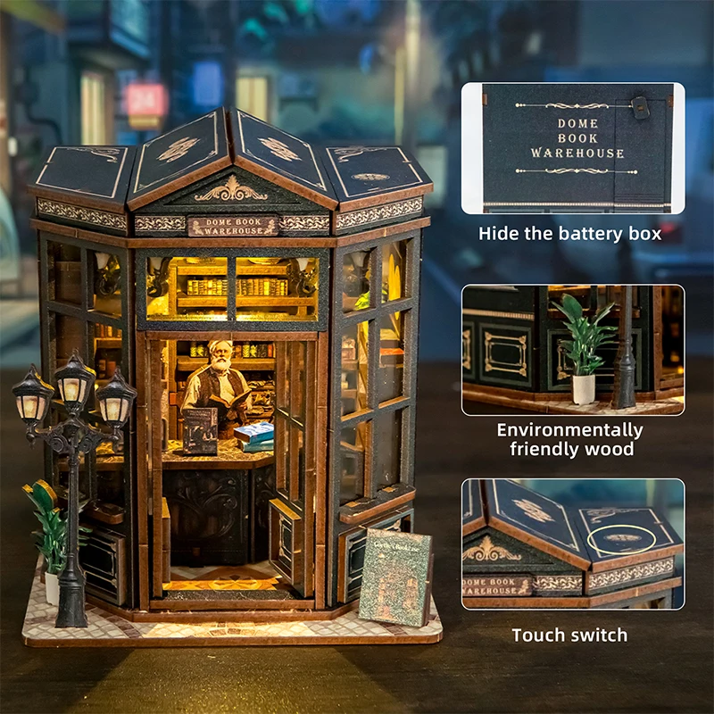 DIY Kuppel-Bücherregal Buchnische Holz-Miniaturmodell-Bausatz Buchstütze 3D-Puzzle mit LED-Beleuchtung für Freunde Geburtstagsgeschenke