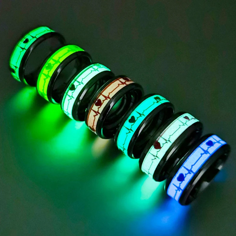 موضة جديدة الحب القلب توهج خواتم ECG مضيئة التيتانيوم الصلب المراهقين ضربات القلب الإسفار زوجين خواتم للبنين بنات