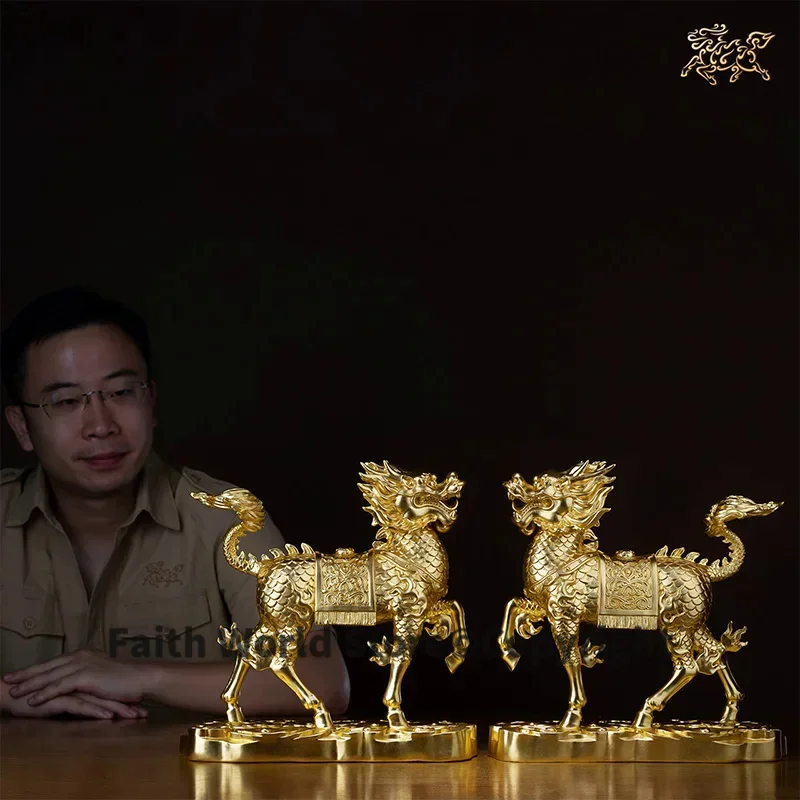 A PAIR high grade HOME GOOD LUCK Mascot Bring wealth money 24K gold-plated ROYAL Dragon QI LIN Auspicious brass Sculpture Statue