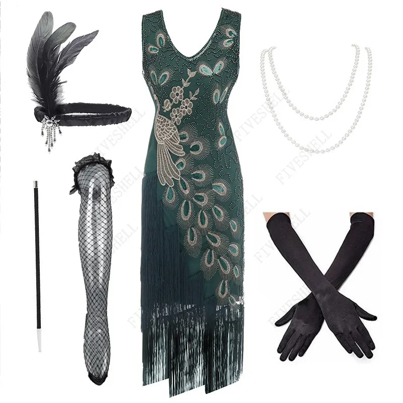 1920s gaun Fashion wanita berpayet merak, gaun Flapper berjumbai Gatsby Vintage gaun pesta Roaring 20s