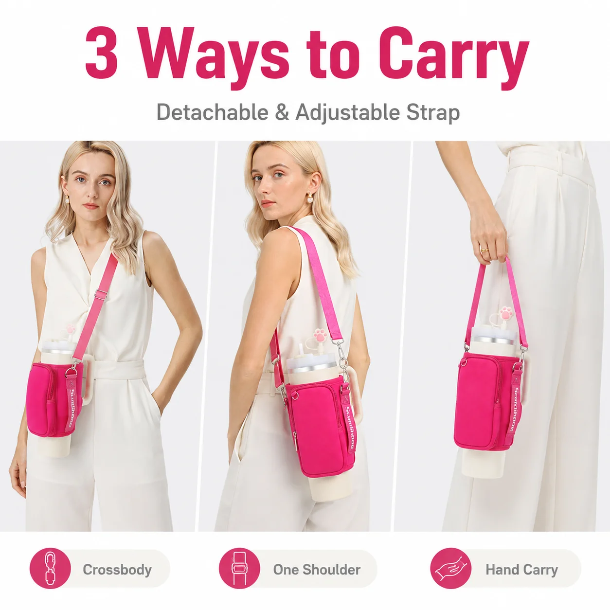 40oz Water Bottle Carrier Bag with Phone Pocket Adjustable Shoulder Strap Tumbler Holder Pouch for Stanley Cup Sleeve view 3