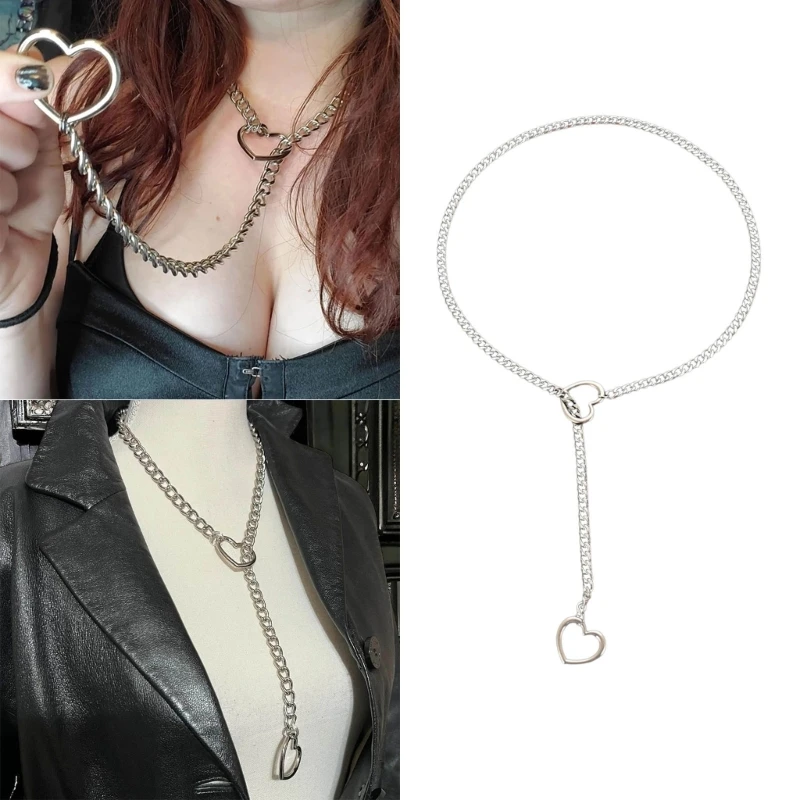 Hiphop Hollow Heart Chain Necklace Punk Love Shaped Pendant Neckchain for Couple Women Clavicle Chain Party Jewelry Gift