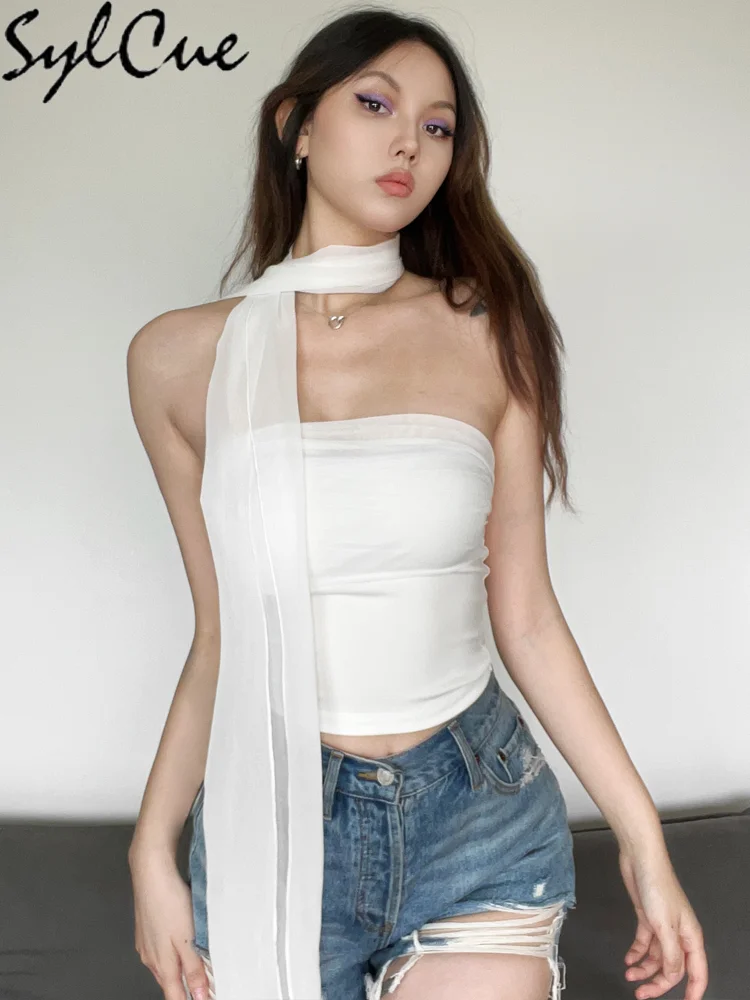 SylCue Lenço de malha branca + tops sem alças feminino tendência de verão sexy fora do ombro sem costas rua y2k estilo sólido elegante tops skinny