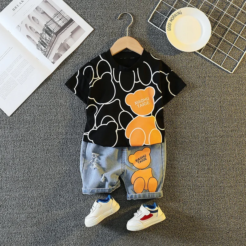 Summer Baby Boys Clothes Cool Short Sleeve T-Shirt Tops And Jeans Shorts 2PCS Cartoon Outfits 1 2 3 4 5 Years Old Kids Clothing