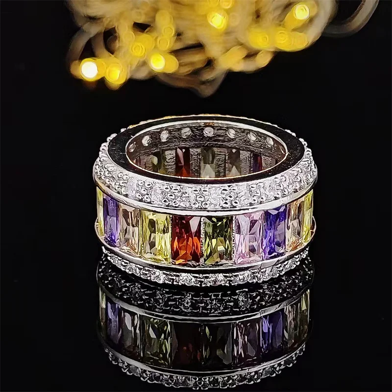 Multi element fashionable copper plated platinum inlaid zircon ring, colorful full diamond women's gemstone ring, sparkling jewe