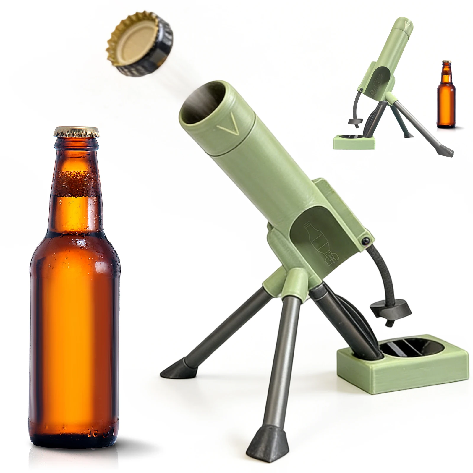 51mm Mortar Bierflesopener Heavy-Duty dopopener Handsfree opdruk-opener Exclusief voor heren, geschikt voor de bar, 3D-geprinte ornamenten