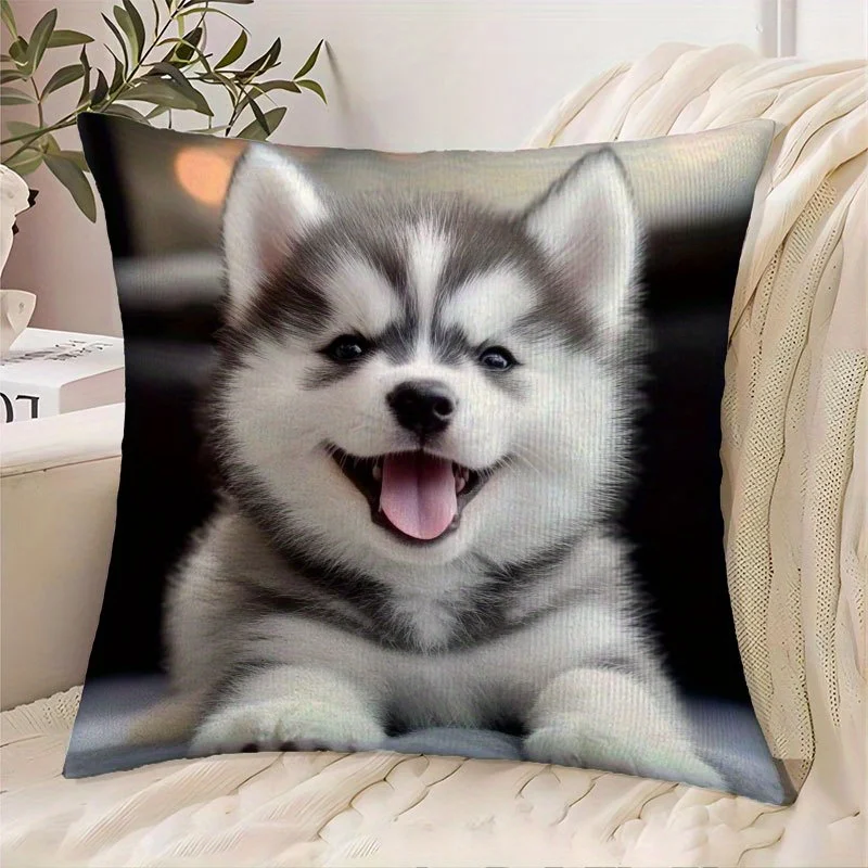 Cute Husky Puppy Print Throw Pillow Cover Realistic Smiling Siberian Husky Themed Cushion Case for Pet Lovers Home Couch Decor