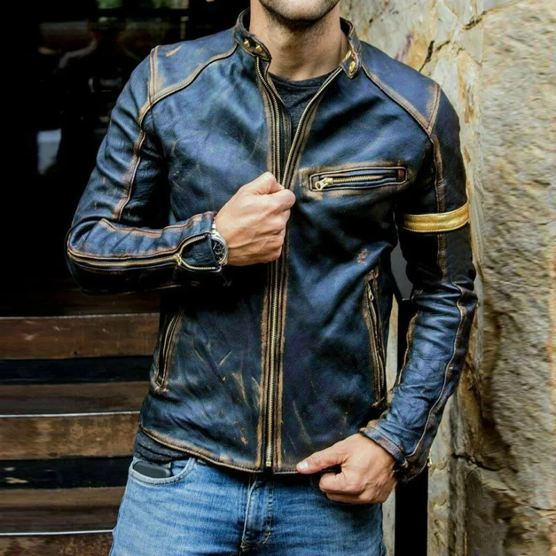 KIDWHXR Herbst Herrenjacke Motorrad Punk Stehkragen Reißverschluss Lederjacke Slim Fit Langarm Winddichte Oberbekleidung für Männer – Detail 5