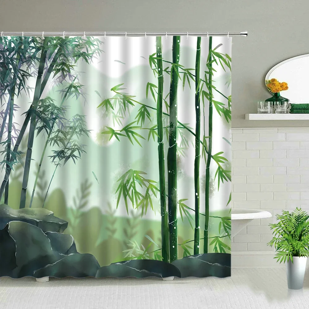 Green Bamboo Zen Stone Flower Chinese Style Landscape Shower Curtains Plant Scenery Bathroom Decor Screen Bath Curtain With Hook