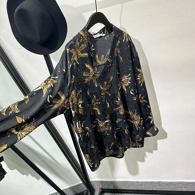 

Autumn Fashionable Old Money Style Printed Slant Collar Loose Long Sleeve Shirt High-Grade Casual Retro Non-Ironing Fashion
