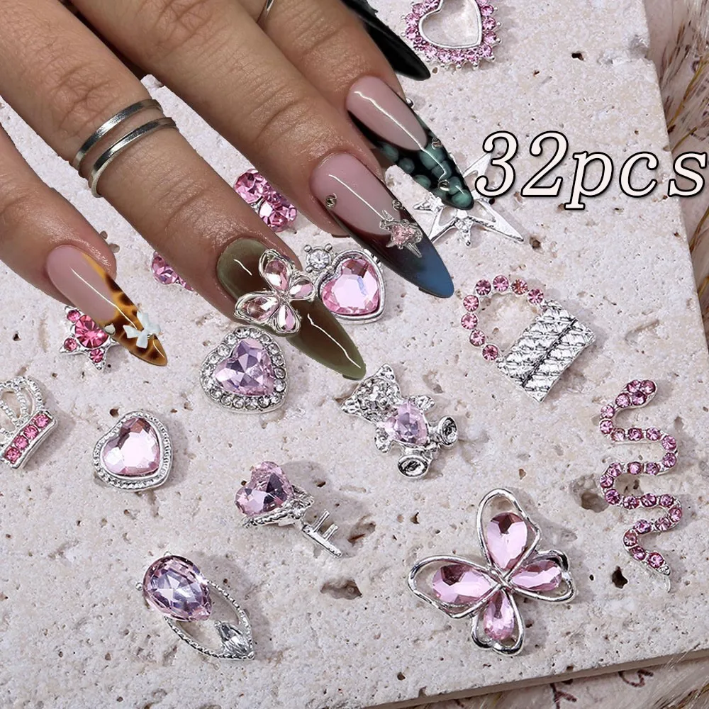 Breloques pour ongles en alliage mixte, strass, Y2K, papillon, cœur, étoile, nœud papillon, gemmes brillantes, bijoux de luxe, décoration Nail Art, 24/32 pièces