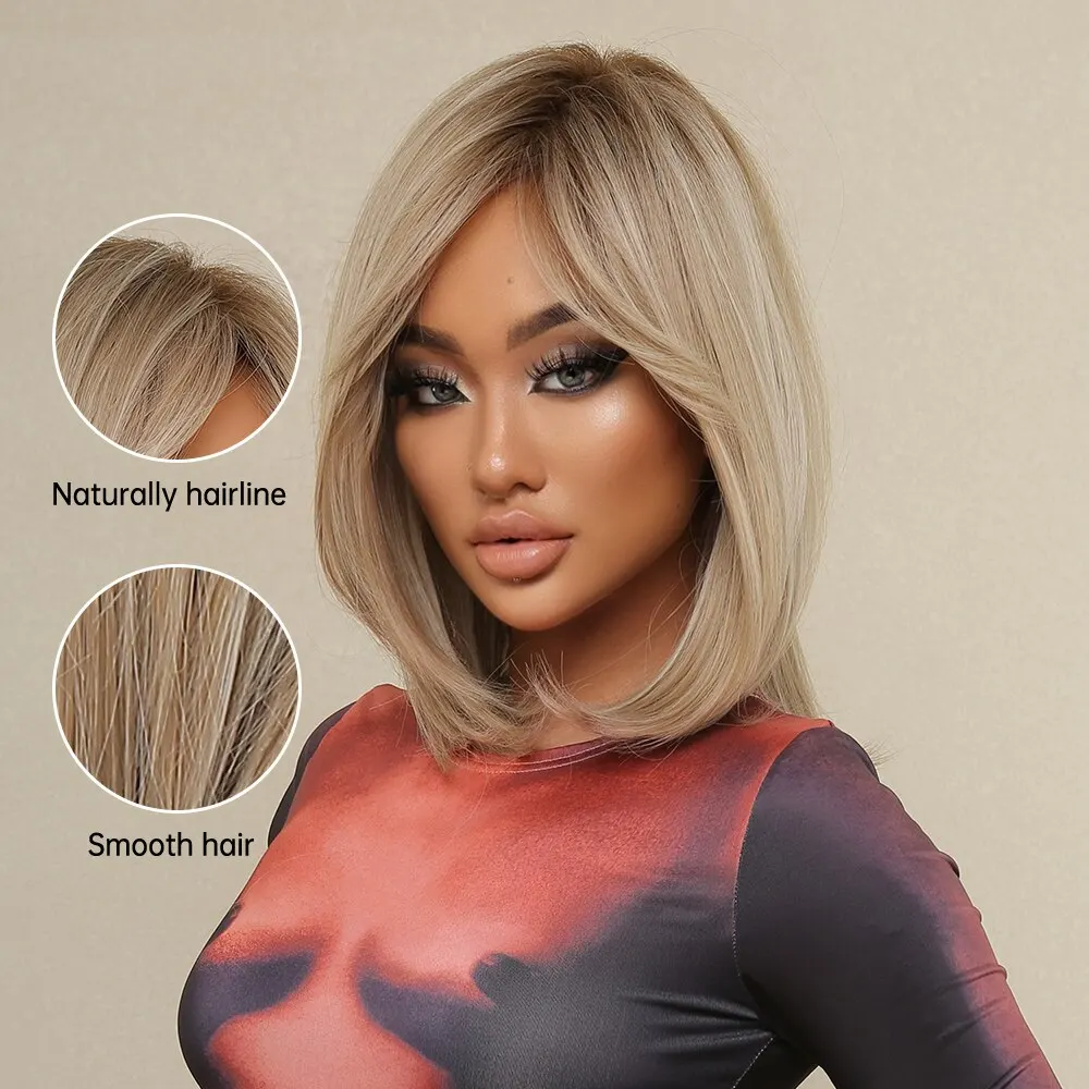 Short Straight Bob Wigs For Black Women Blonde Wigs With Bangs Dark Roots Hair Replacement Heat Resistant Lolita Cosplay Wig