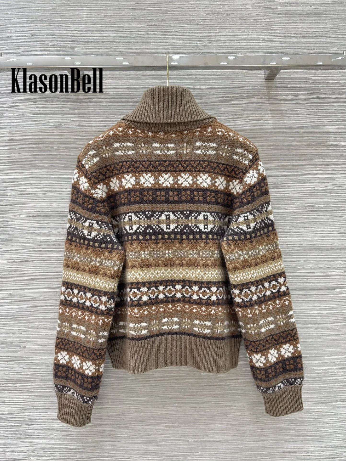 11.22 KlasonBell Autumn Winter Vintage Geometric Jacquard Cashmere Knitwear Turtleneck Keep Warm Basics Short Sweater Women