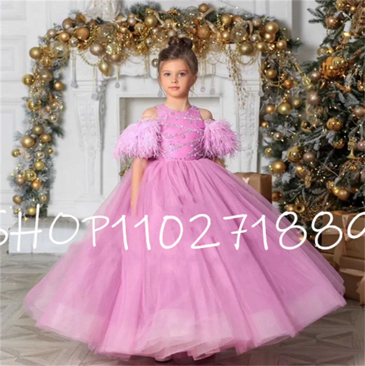 A Line Pink Short Sleeve Flower Girl Dresses 2023 New Christmas Gown Sequined Fur Organza First Communion Dresses