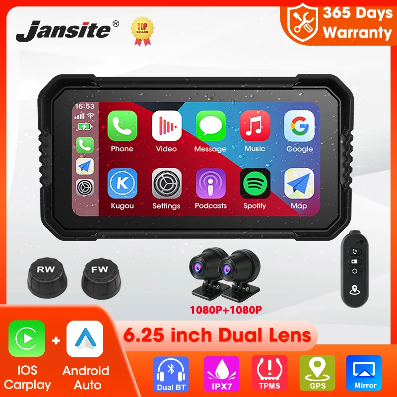 6.25 inch Carplay Motorcycle DVR GPS Navigation Wireless Carplay Android Auto Waterproof 1080P Front Rear Camera Dual Bluetooth