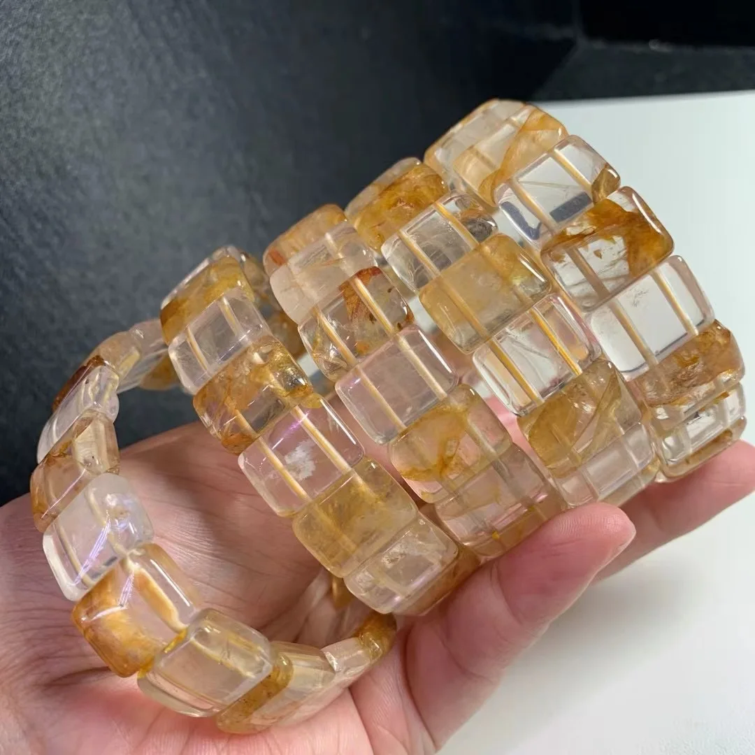 1 Pc Fengbaowu Natural Yellow Hematoid Quartz Bracelet Square Shape Beads Fashion Jewelry Gift For Women