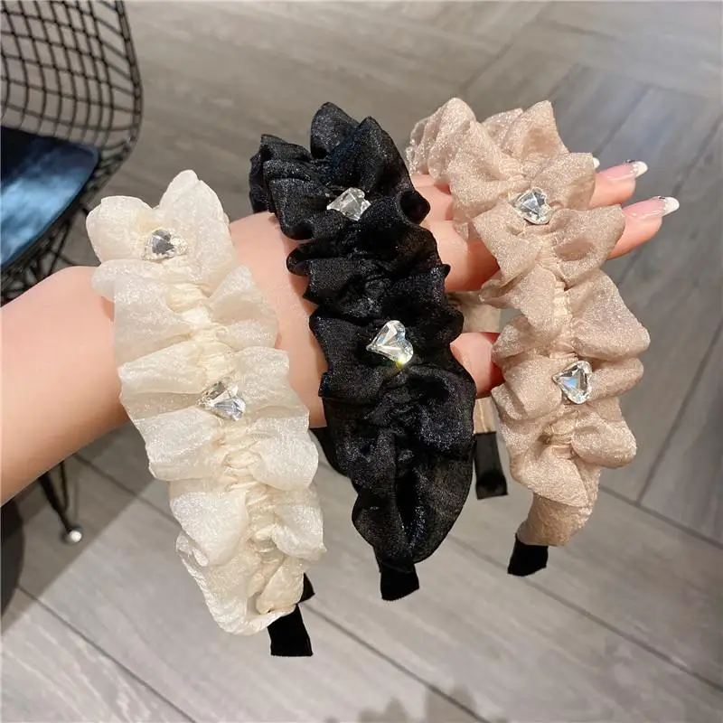 عصابة رأس شبكية مطوية - رباط شعر نسائي من حجر الراين اللامع، لون خالص ومتعدد الاستخدامات لغسل الوجه اليومي/الوجه