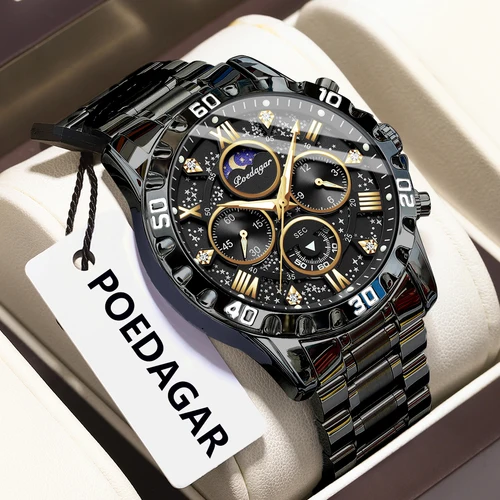 Imagen 2 del producto Reloj de pulsera POEDAGAR de lujo a la moda para hombre, cronógrafo resistente al agua, luminoso, de acero inoxidable, relojes militares de cuarzo para hombre