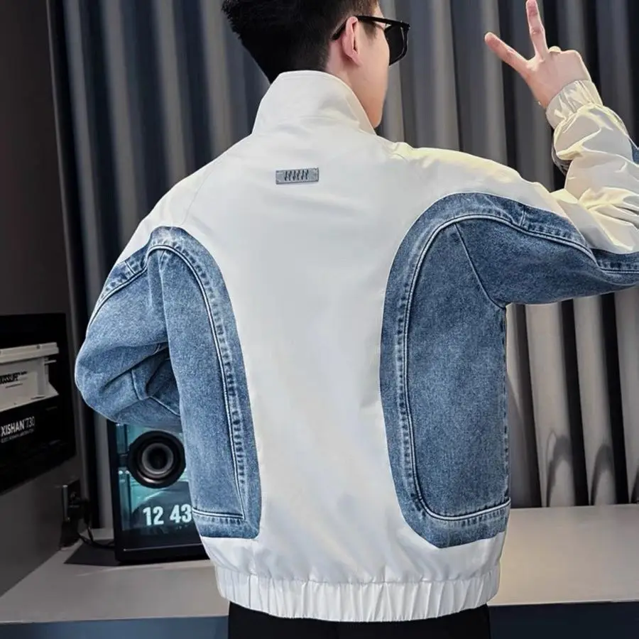 

Men Clothing Tide Denim Patchwork Jacket Trend Gangster Handsome Wind Men's Clothing 2025 New Spring Autumn Blouse Jacket