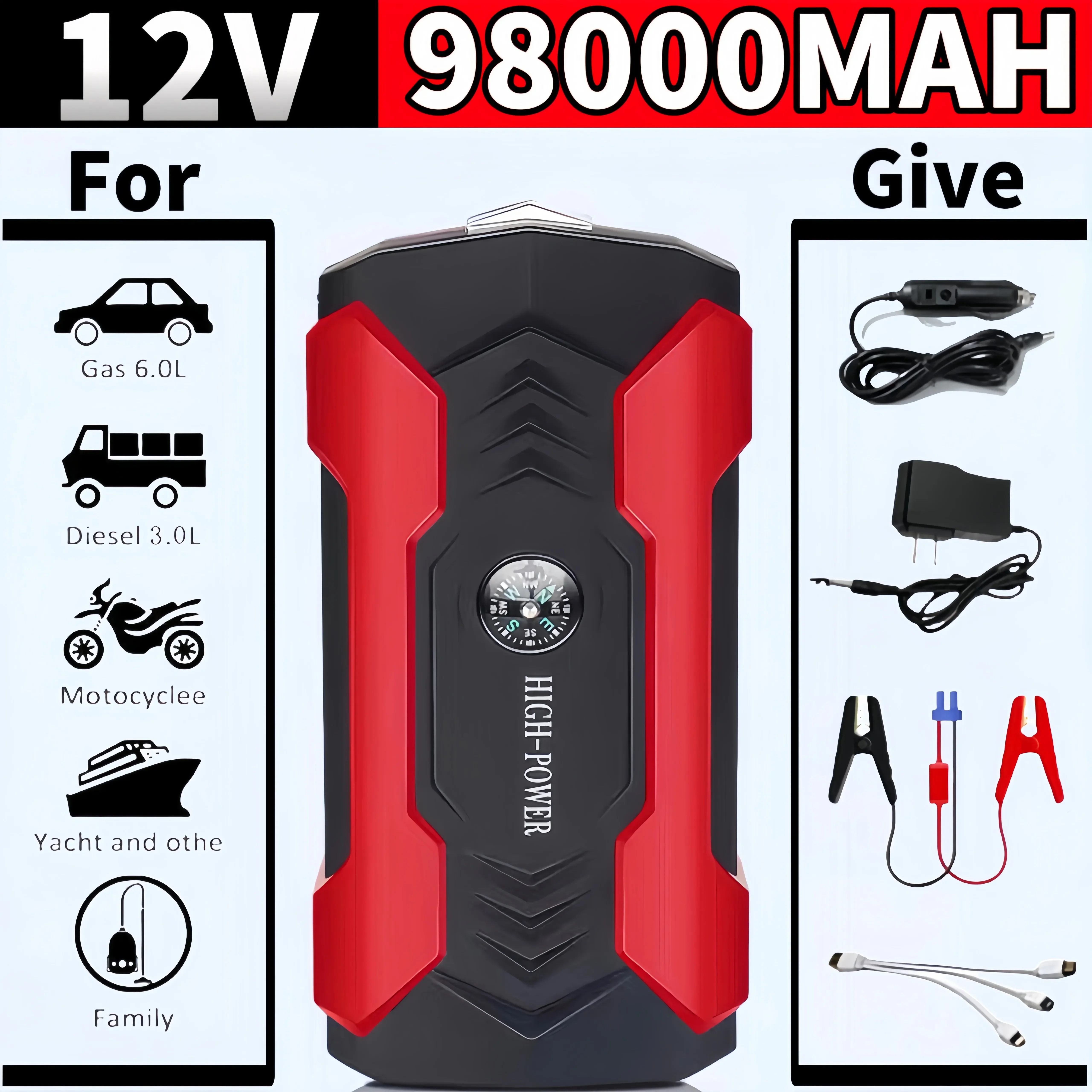 

12V98000mAh Car Jump Starter Starting Device Battery Power Bank Jumpstarter Auto Buster Emergency Booster Car Charger Jump Start