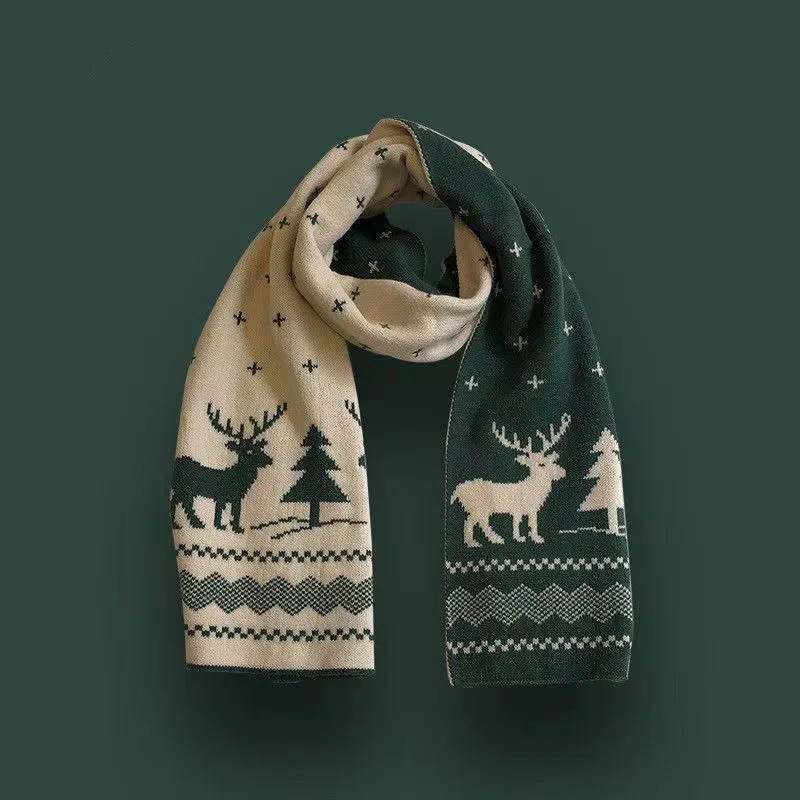 Christmas Scarf Women's Winter Knitted Men Scarf Double-sided Deer Elk Teenager Warm Thickened Wool Scarves Family New Year Gift