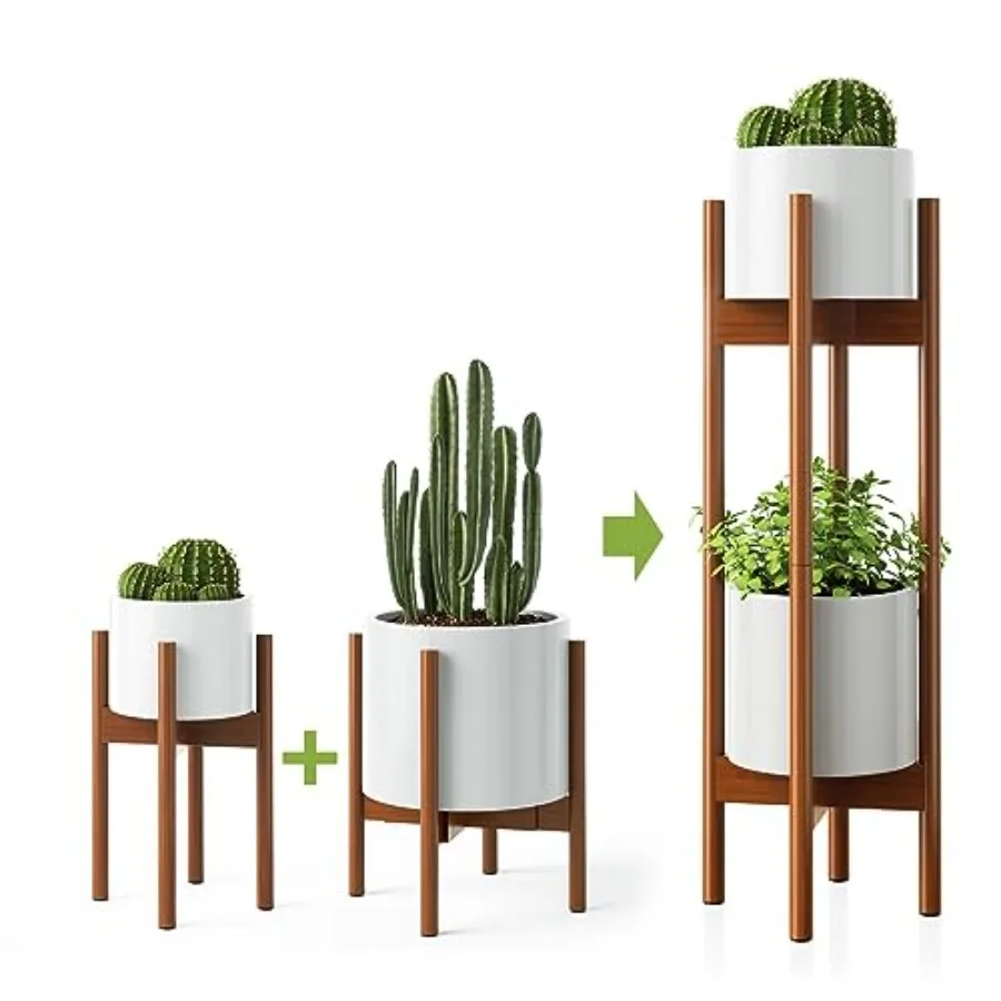

2 Pack Indoor Plant Stands, 2 Tier Tall Plant Stand 30 Inch, Mid Century Bamboo Plant Stand, Adjustable Width 8 - 12 Inch, Fits