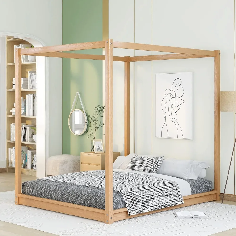 Canopy Floor Bed, 4-Post Canopy Platform Bed Frame with Support Legs, Solid Wood Queen Bed Frame for Kids Teens Adult