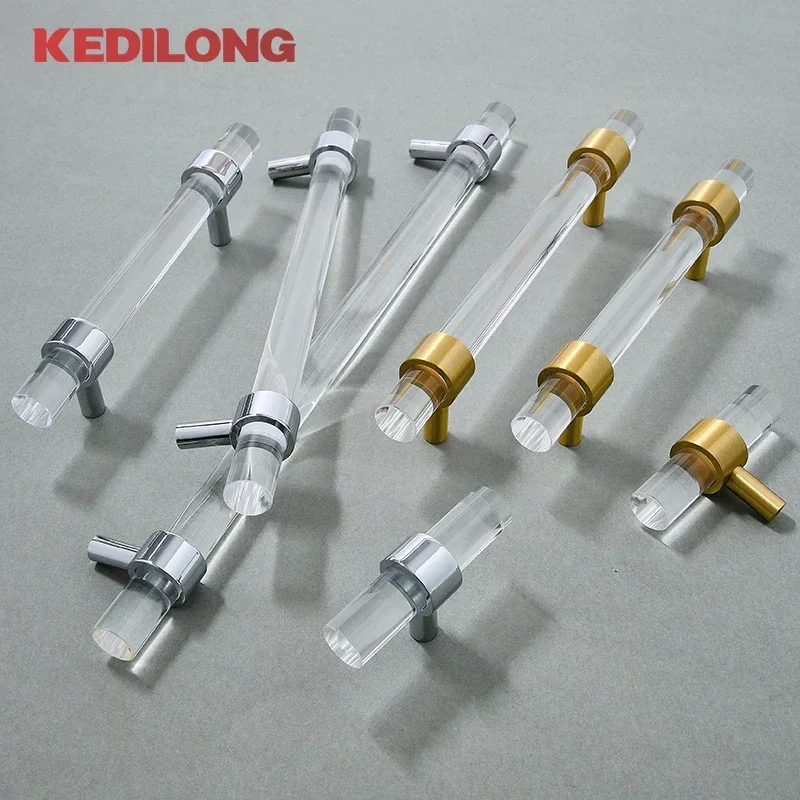 KEDLO Modern minimalist acrylic brass long handle furniture hardware cabinets gold transparent drawers silver T-handles