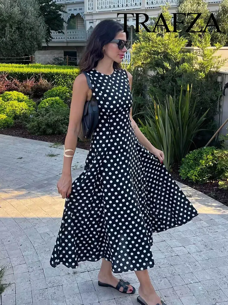 

HH Female Summer Fashion Crew Neck Zipper Sleeveless Dress Women Elegant Sexy Polka Dots Print Slim Beach Party Midi Dress