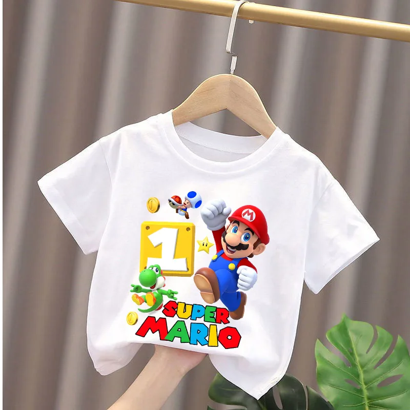 Camiseta de Verão do Super Mario, Estampa de Desenho Animado, Manga Curta, Roupa de Anime, Camiseta com Personagens, Top com Número, Roupas de Jogo