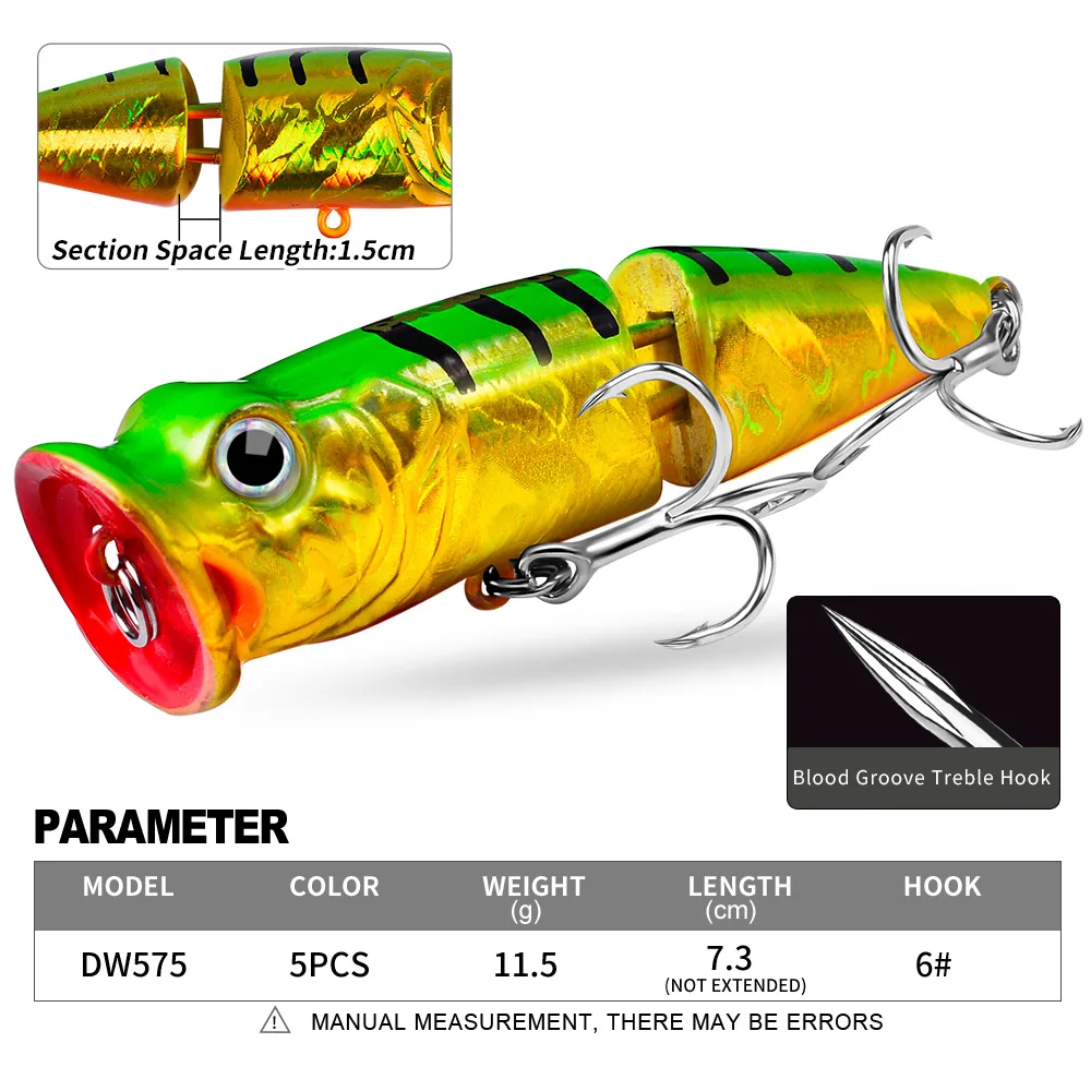 

PROBEROS 1pcs Fishing Lure 11.5g 7.3cm Hard Artificial Popper Lure 5 Color Crankbait Minnow Fishing Bait 6# Treble hook dw575