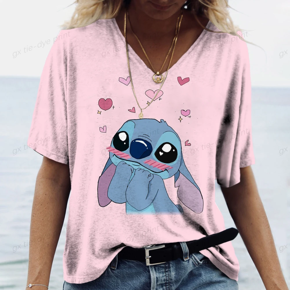 2025 جديد ديزني غرزة مطبوعة المرأة موضة تي شيرت حجم الخامس الرقبة قميص نسائي تصميم قميص نسائي الملابس النسائية