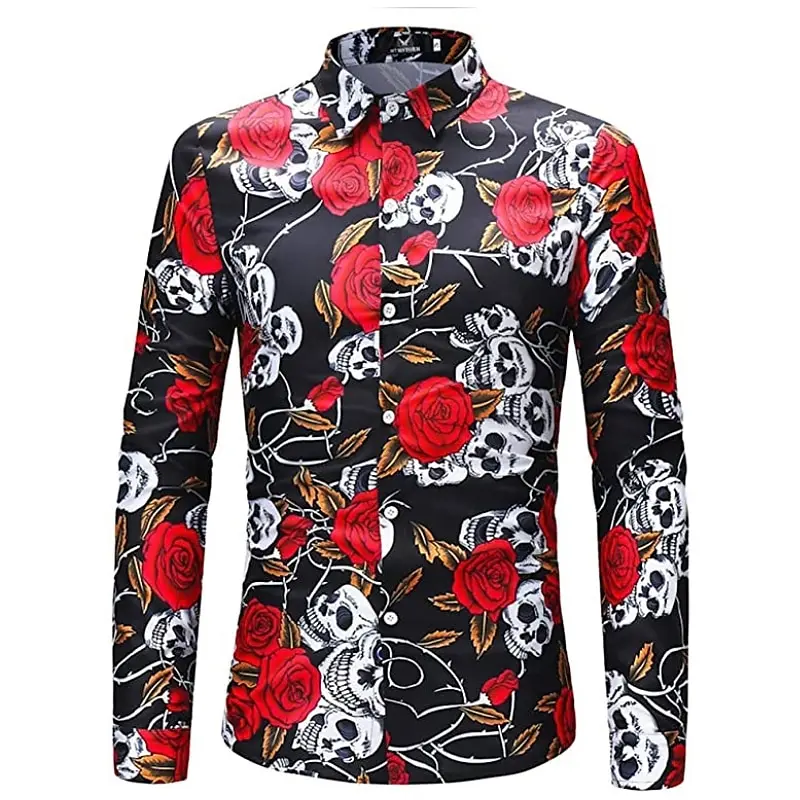 Men\'s Shirt Floral Skull Rose Sunflower Cuffed Street Long Sleeve Button Print Clothing Fashion Fashion Button Design