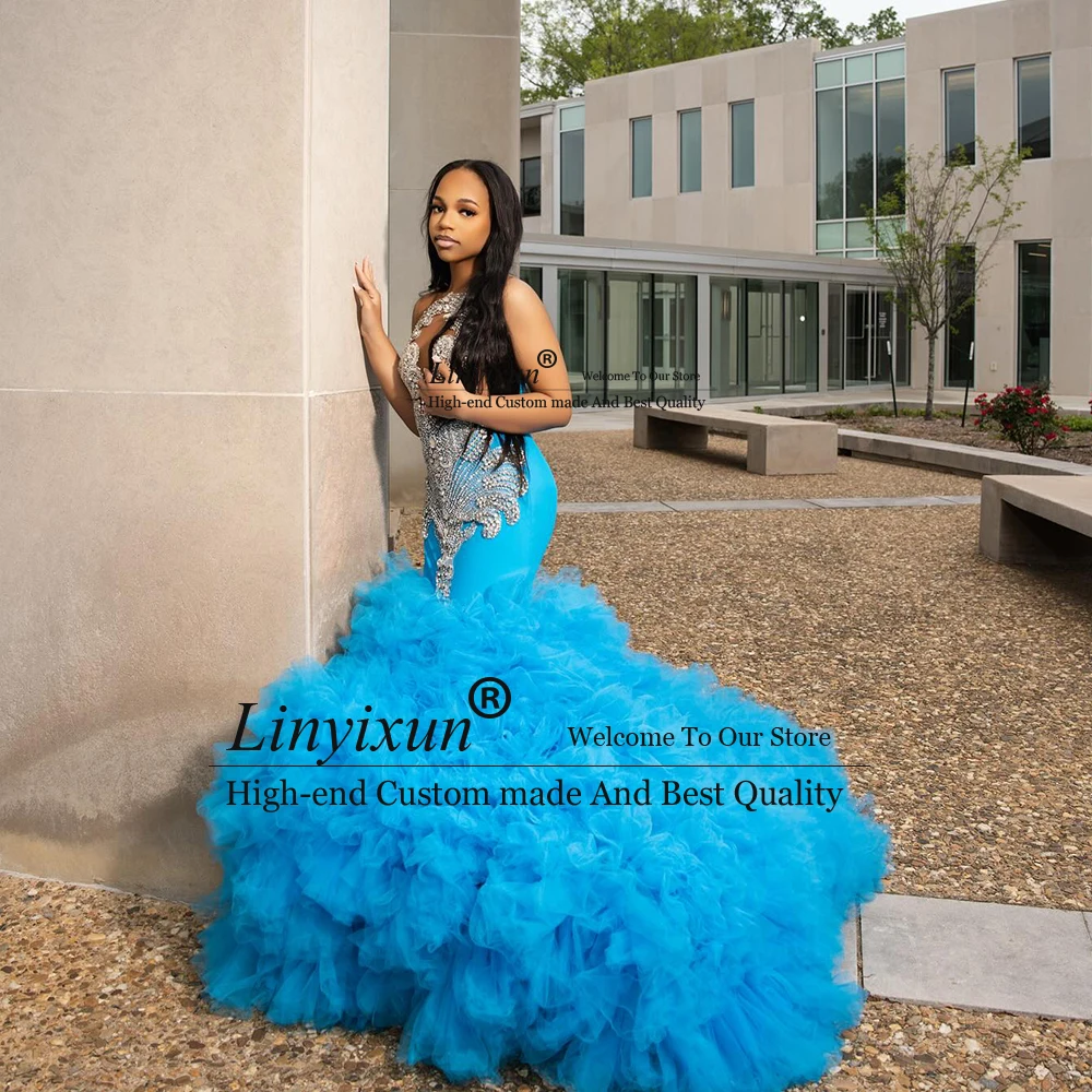 Robes de bal de luxe en diamant pour filles noires, en Tulle, à volants, style sirène, robes de soirée personnalisées, sans manches, suknia studniówka