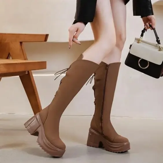 10cm microfibra botas femininas de couro outono plataforma cunha joelho alta moda britânico tornozelo primavera zip botas sintéticas sapatos